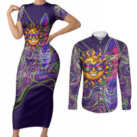 Waimanalo Hawaii Sun Rabbit Couples Matching Short Sleeve Bodycon Dress and Long Sleeve Button Shirt Psychedelic Trippy Neon Swirl Graphic TS04 Purple Green - Polynesian Pride