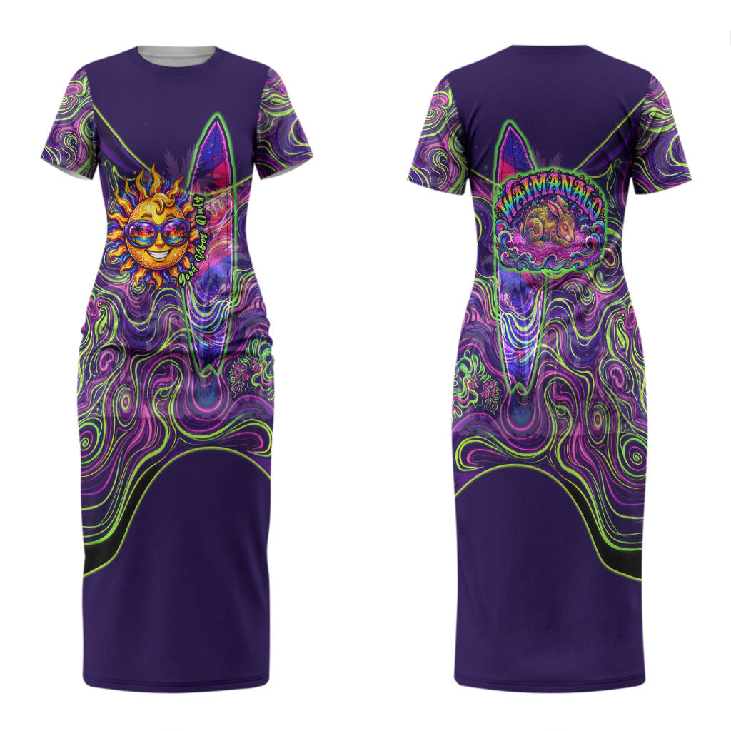 Waimanalo Hawaii Sun Rabbit Couples Matching Short Sleeve Bodycon Dress and Long Sleeve Button Shirt Psychedelic Trippy Neon Swirl Graphic TS04 - Polynesian Pride