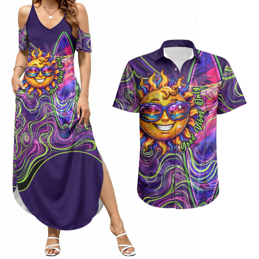 Waimanalo Hawaii Sun Rabbit Couples Matching Summer Maxi Dress and Hawaiian Shirt Psychedelic Trippy Neon Swirl Graphic TS04 Purple Green - Polynesian Pride
