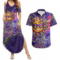 Waimanalo Hawaii Sun Rabbit Couples Matching Summer Maxi Dress and Hawaiian Shirt Psychedelic Trippy Neon Swirl Graphic TS04 Purple Green - Polynesian Pride