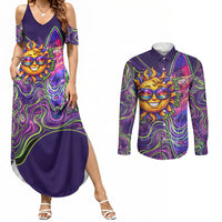 Waimanalo Hawaii Sun Rabbit Couples Matching Summer Maxi Dress and Long Sleeve Button Shirt Psychedelic Trippy Neon Swirl Graphic TS04 Purple Green - Polynesian Pride
