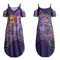 Waimanalo Hawaii Sun Rabbit Couples Matching Summer Maxi Dress and Long Sleeve Button Shirt Psychedelic Trippy Neon Swirl Graphic TS04 - Polynesian Pride