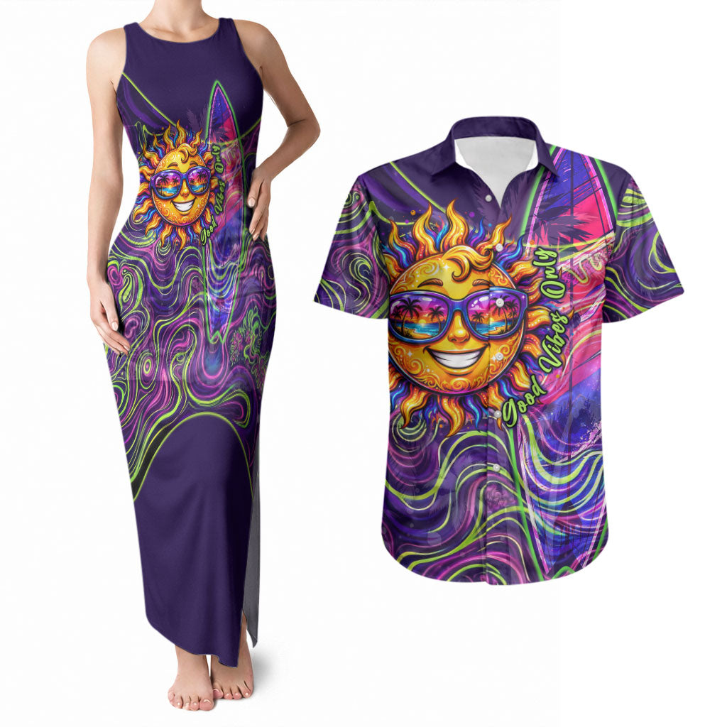 Waimanalo Hawaii Sun Rabbit Couples Matching Tank Maxi Dress and Hawaiian Shirt Psychedelic Trippy Neon Swirl Graphic TS04 Purple Green - Polynesian Pride