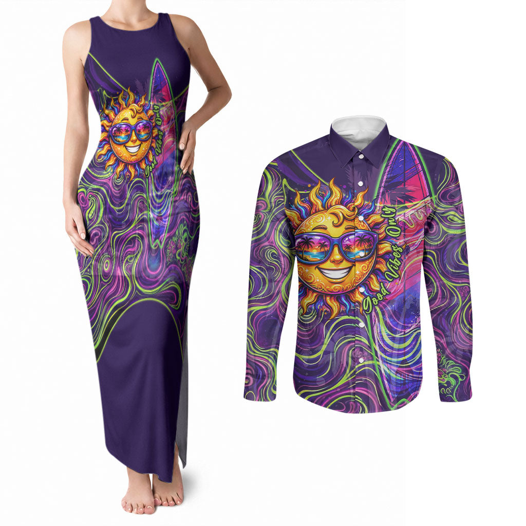 Waimanalo Hawaii Sun Rabbit Couples Matching Tank Maxi Dress and Long Sleeve Button Shirt Psychedelic Trippy Neon Swirl Graphic TS04 Purple Green - Polynesian Pride