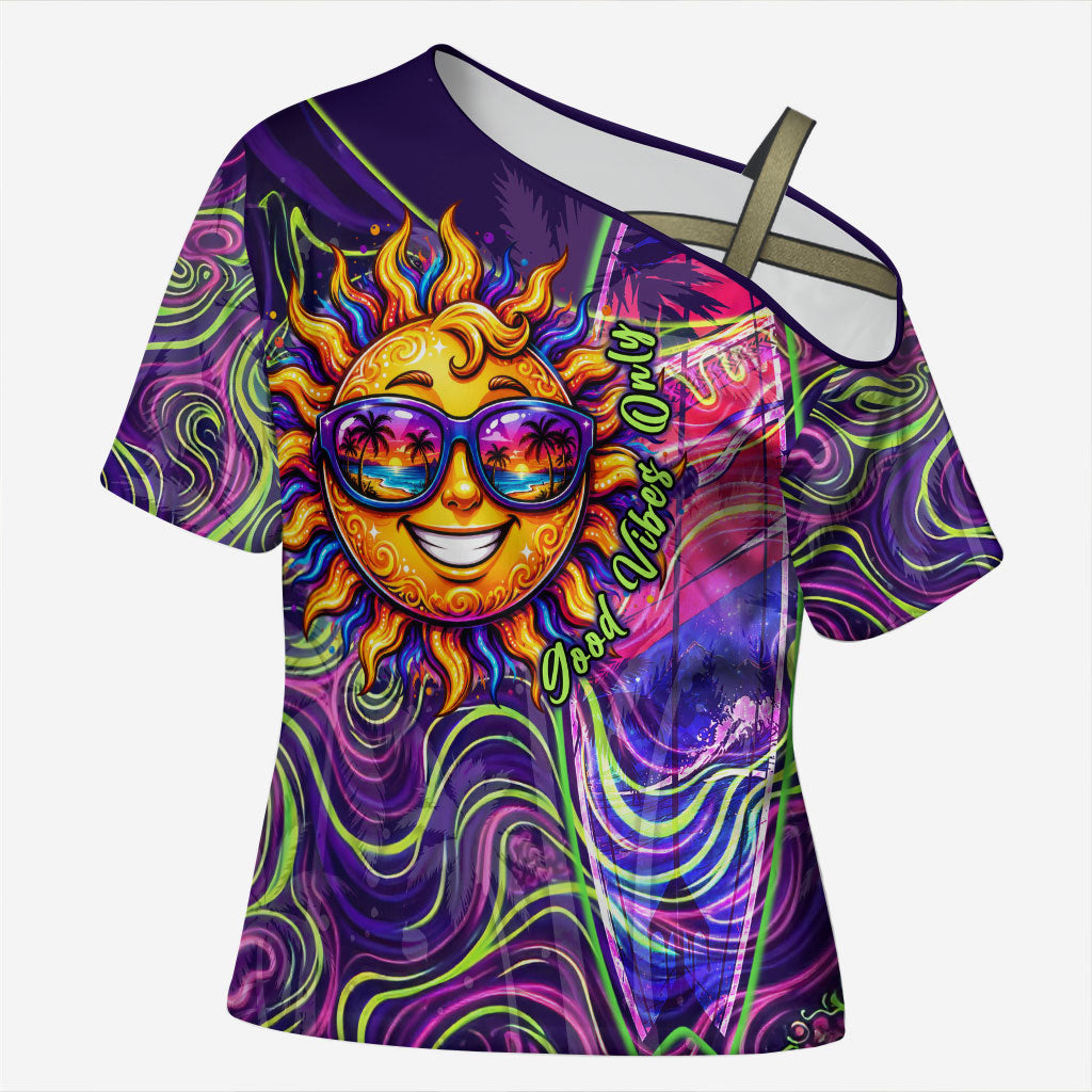 Waimanalo Hawaii Sun Rabbit Cross Shoulder Shirt Psychedelic Trippy Neon Swirl Graphic TS04 Female Purple Green - Polynesian Pride
