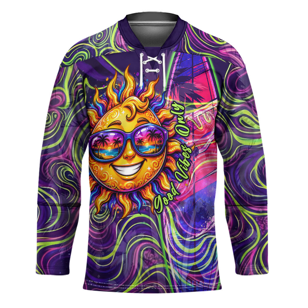 Waimanalo Hawaii Sun Rabbit Hockey Jersey Psychedelic Trippy Neon Swirl Graphic TS04 Unisex Purple Green - Polynesian Pride
