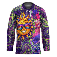 Waimanalo Hawaii Sun Rabbit Hockey Jersey Psychedelic Trippy Neon Swirl Graphic TS04 Unisex Purple Green - Polynesian Pride
