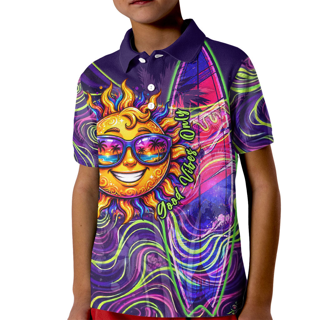Waimanalo Hawaii Sun Rabbit Kid Polo Shirt Psychedelic Trippy Neon Swirl Graphic TS04 Kid Purple Green - Polynesian Pride