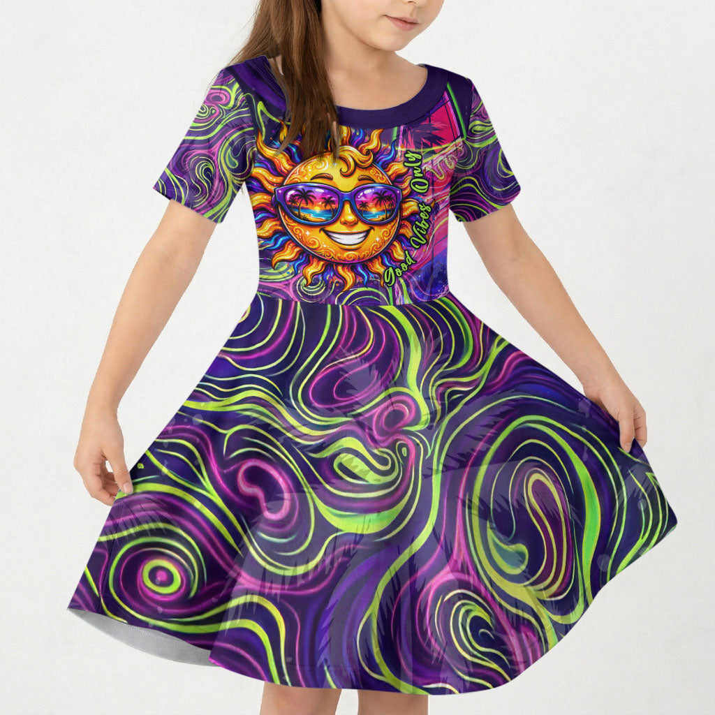 Waimanalo Hawaii Sun Rabbit Kid Short Sleeve Dress Psychedelic Trippy Neon Swirl Graphic TS04 KID Purple Green - Polynesian Pride