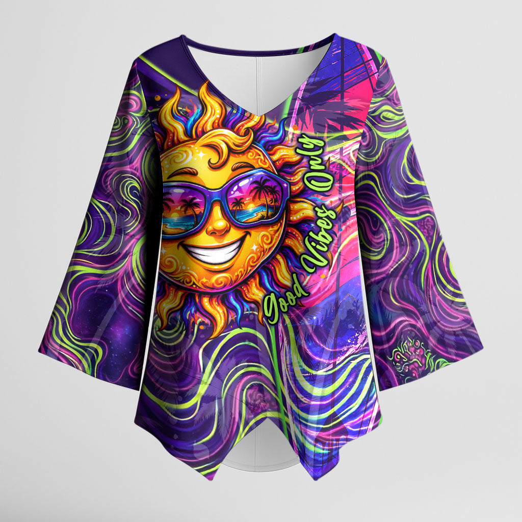 Waimanalo Hawaii Sun Rabbit Kimono Sleeve Blouse Psychedelic Trippy Neon Swirl Graphic TS04 Female Purple Green - Polynesian Pride