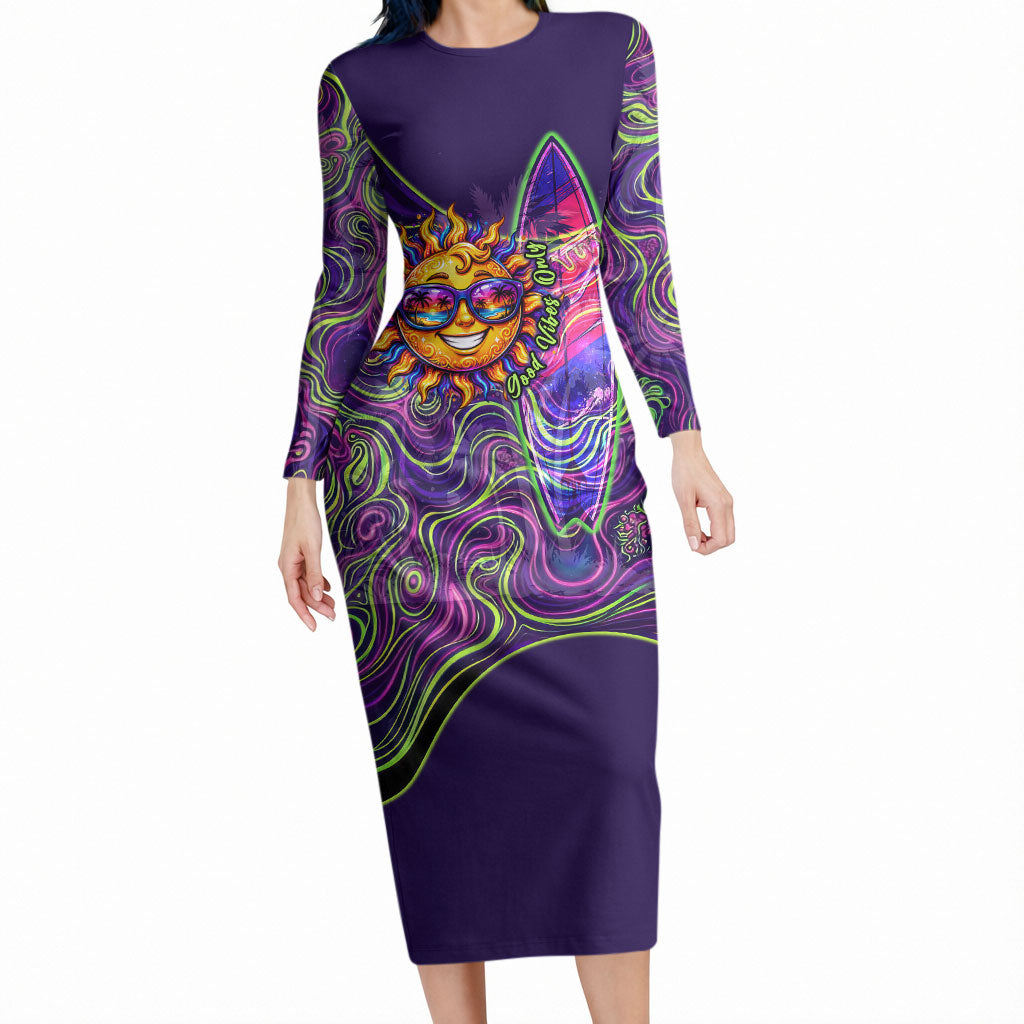 Waimanalo Hawaii Sun Rabbit Long Sleeve Bodycon Dress Psychedelic Trippy Neon Swirl Graphic TS04 Long Dress Purple Green - Polynesian Pride