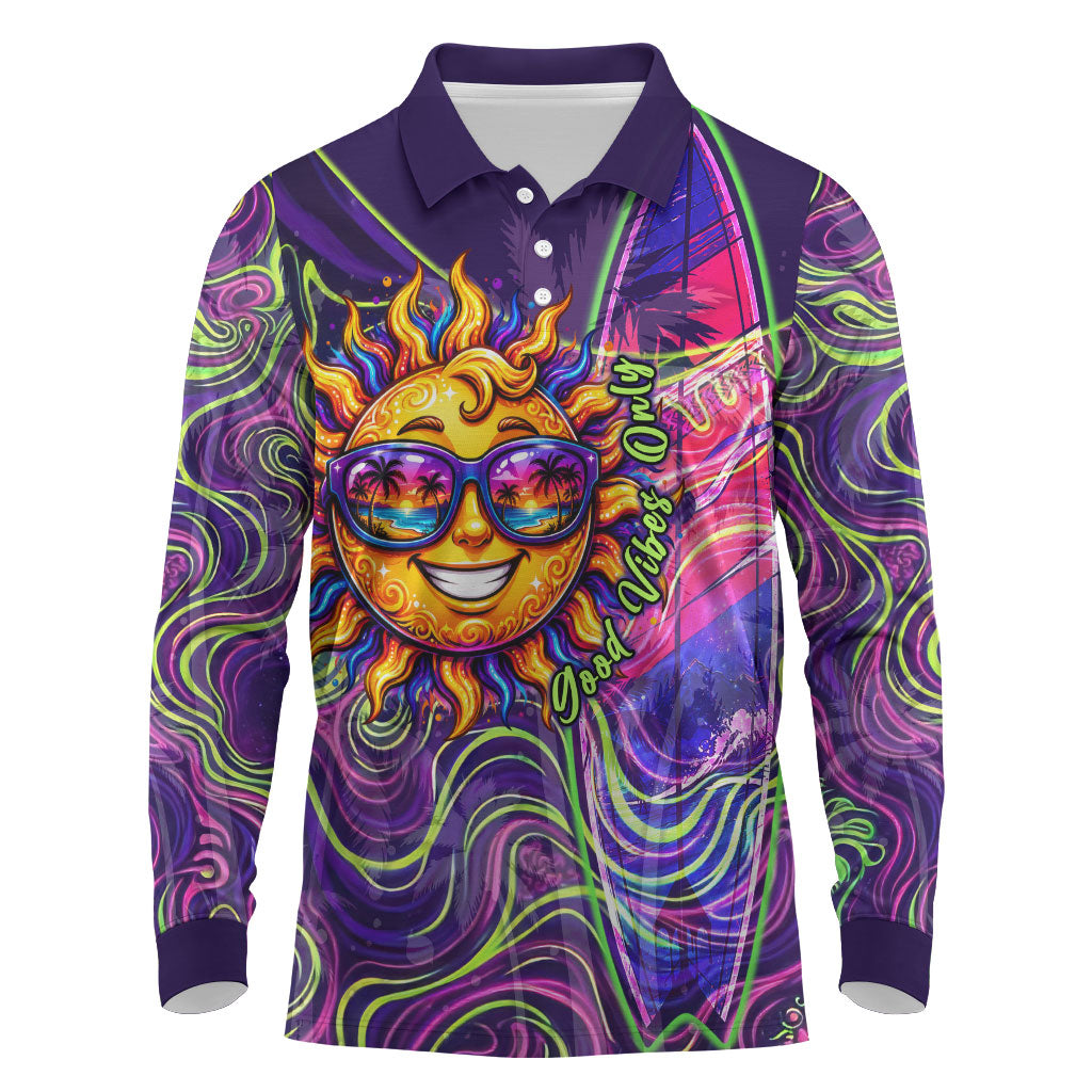 Waimanalo Hawaii Sun Rabbit Long Sleeve Polo Shirt Psychedelic Trippy Neon Swirl Graphic TS04 Purple Green - Polynesian Pride