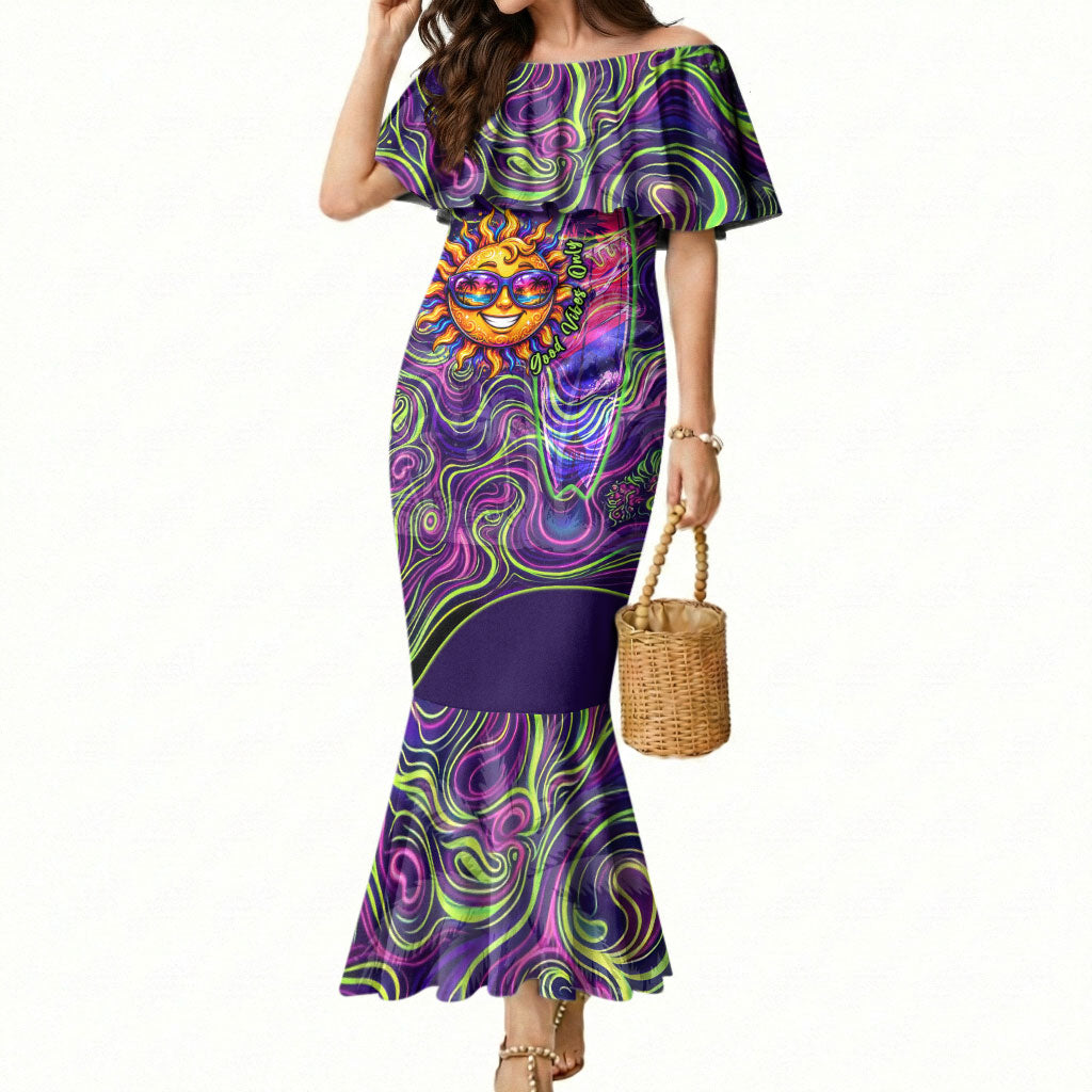 Waimanalo Hawaii Sun Rabbit Mermaid Dress Psychedelic Trippy Neon Swirl Graphic TS04 Women Purple Green - Polynesian Pride