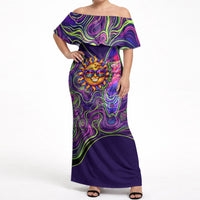 Waimanalo Hawaii Sun Rabbit Off Shoulder Maxi Dress Psychedelic Trippy Neon Swirl Graphic TS04 Women Purple Green - Polynesian Pride