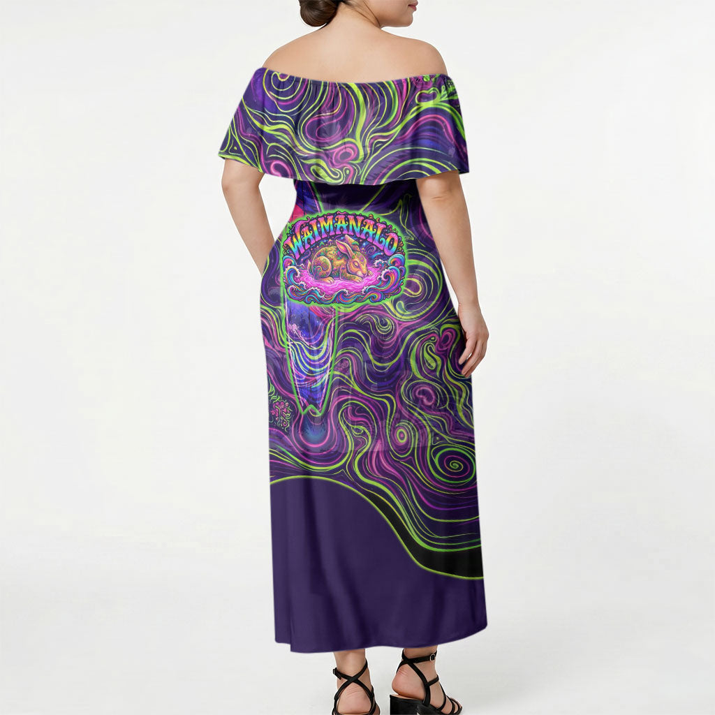 Waimanalo Hawaii Sun Rabbit Off Shoulder Maxi Dress Psychedelic Trippy Neon Swirl Graphic TS04 - Polynesian Pride