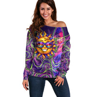 Waimanalo Hawaii Sun Rabbit Off Shoulder Sweater Psychedelic Trippy Neon Swirl Graphic TS04 Women Purple Green - Polynesian Pride