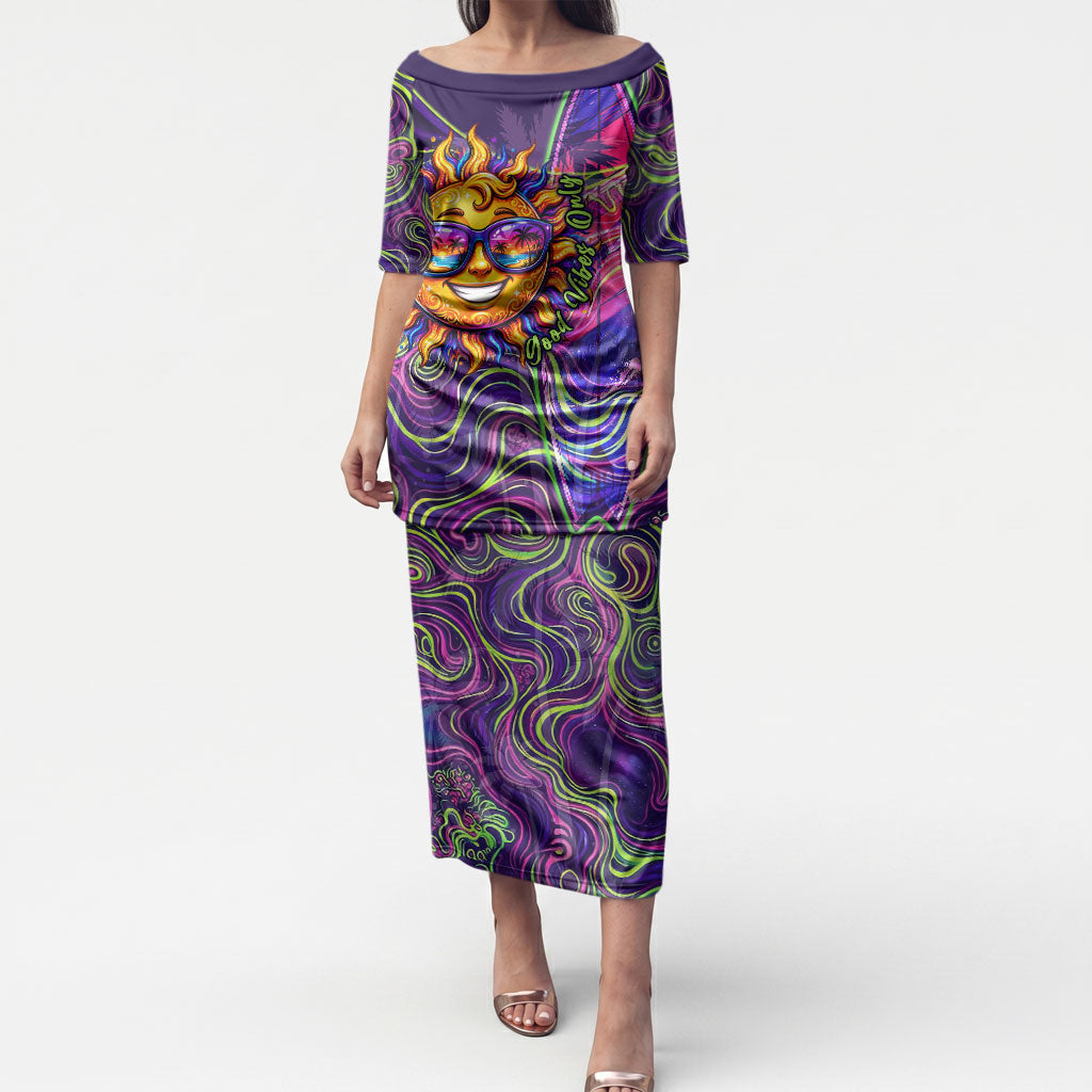 Waimanalo Hawaii Sun Rabbit Puletasi Psychedelic Trippy Neon Swirl Graphic TS04 Long Dress Purple Green - Polynesian Pride