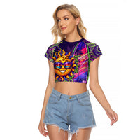 Waimanalo Hawaii Sun Rabbit Raglan Cropped T Shirt Psychedelic Trippy Neon Swirl Graphic TS04 Female Purple Green - Polynesian Pride