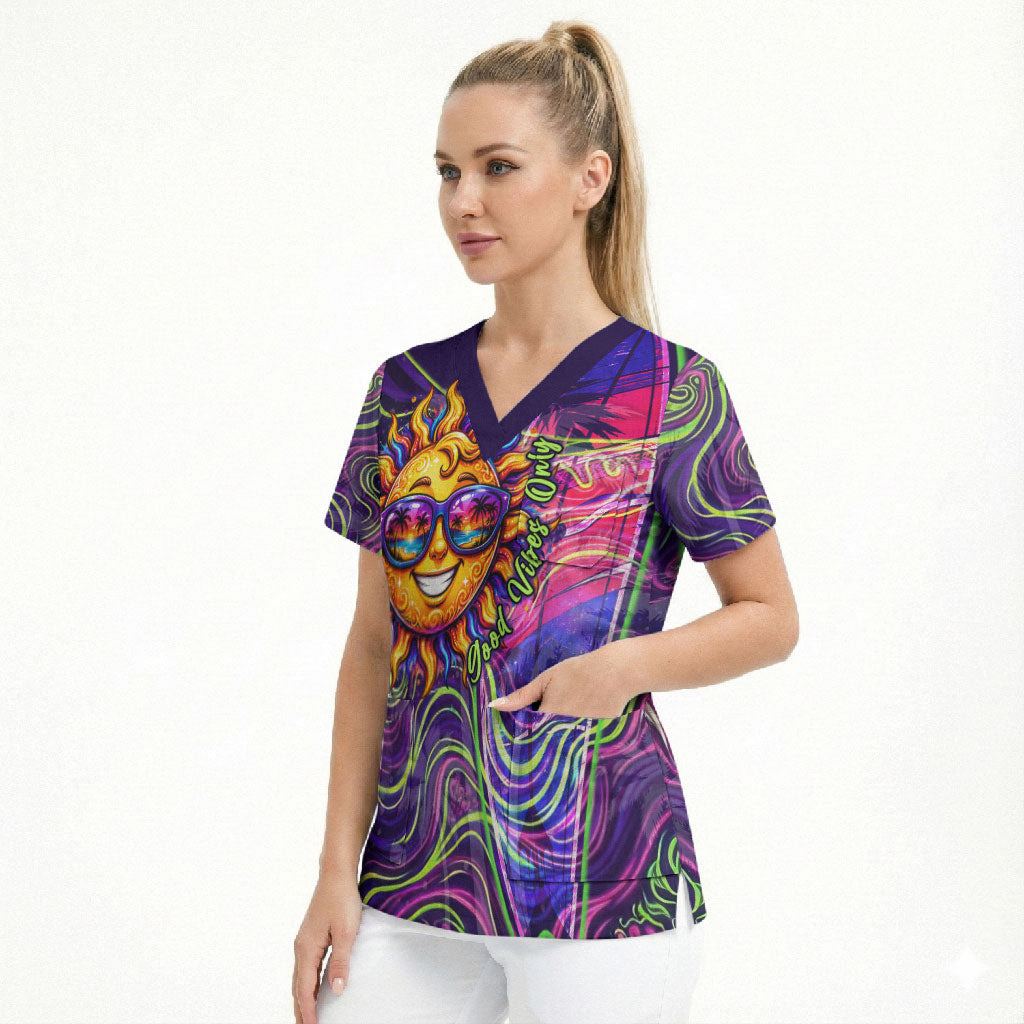 Waimanalo Hawaii Sun Rabbit Scrub Top Psychedelic Trippy Neon Swirl Graphic TS04 - Polynesian Pride