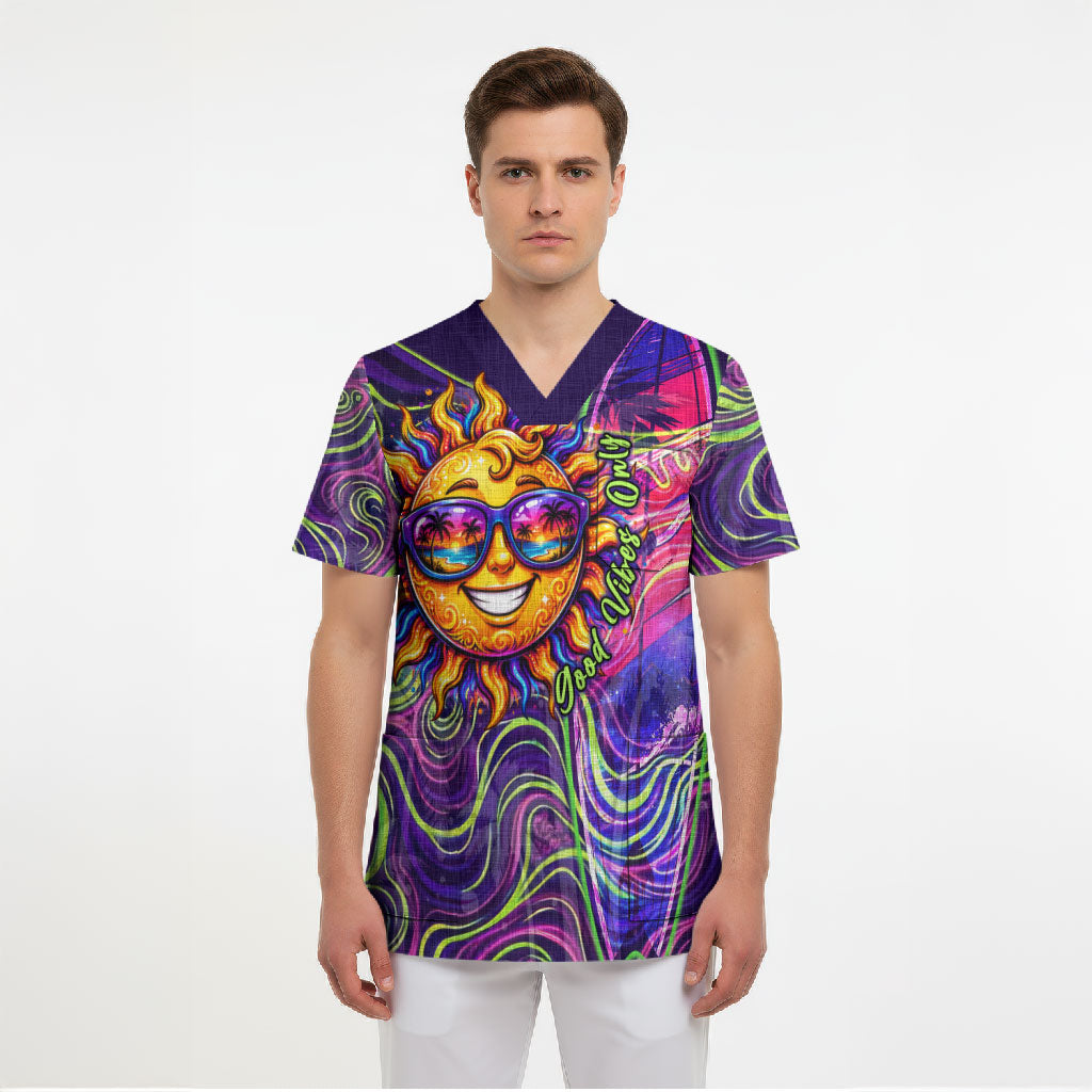 Waimanalo Hawaii Sun Rabbit Scrub Top Psychedelic Trippy Neon Swirl Graphic TS04 - Polynesian Pride
