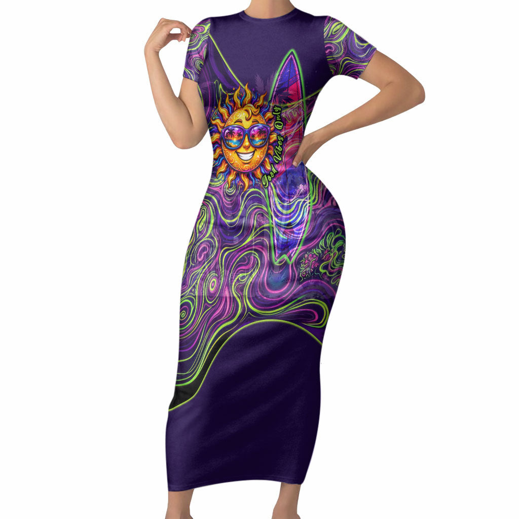 Waimanalo Hawaii Sun Rabbit Short Sleeve Bodycon Dress Psychedelic Trippy Neon Swirl Graphic TS04 Long Dress Purple Green - Polynesian Pride