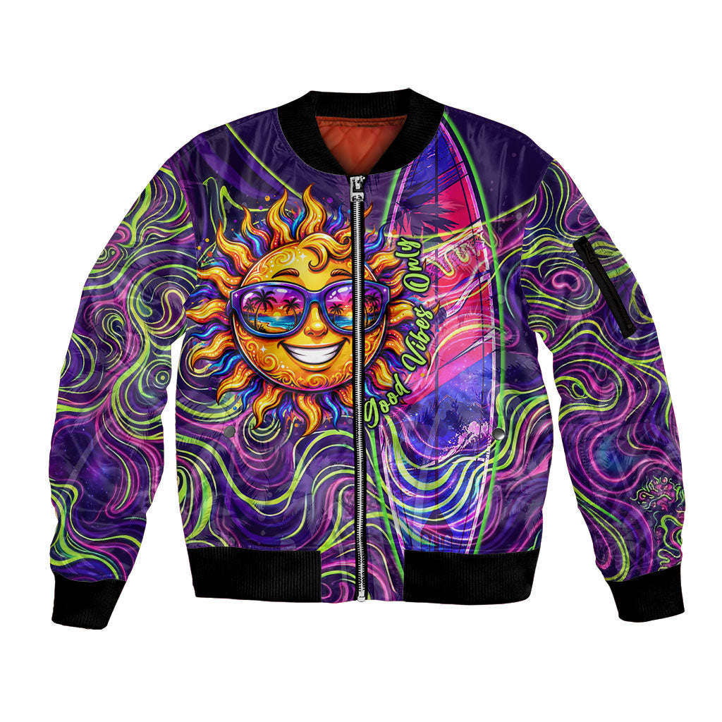 Waimanalo Hawaii Sun Rabbit Sleeve Zip Bomber Jacket Psychedelic Trippy Neon Swirl Graphic TS04 Unisex Purple Green - Polynesian Pride