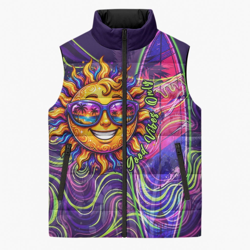 Waimanalo Hawaii Sun Rabbit Sleeveless Puffer Jacket Psychedelic Trippy Neon Swirl Graphic TS04 Unisex Purple Green - Polynesian Pride