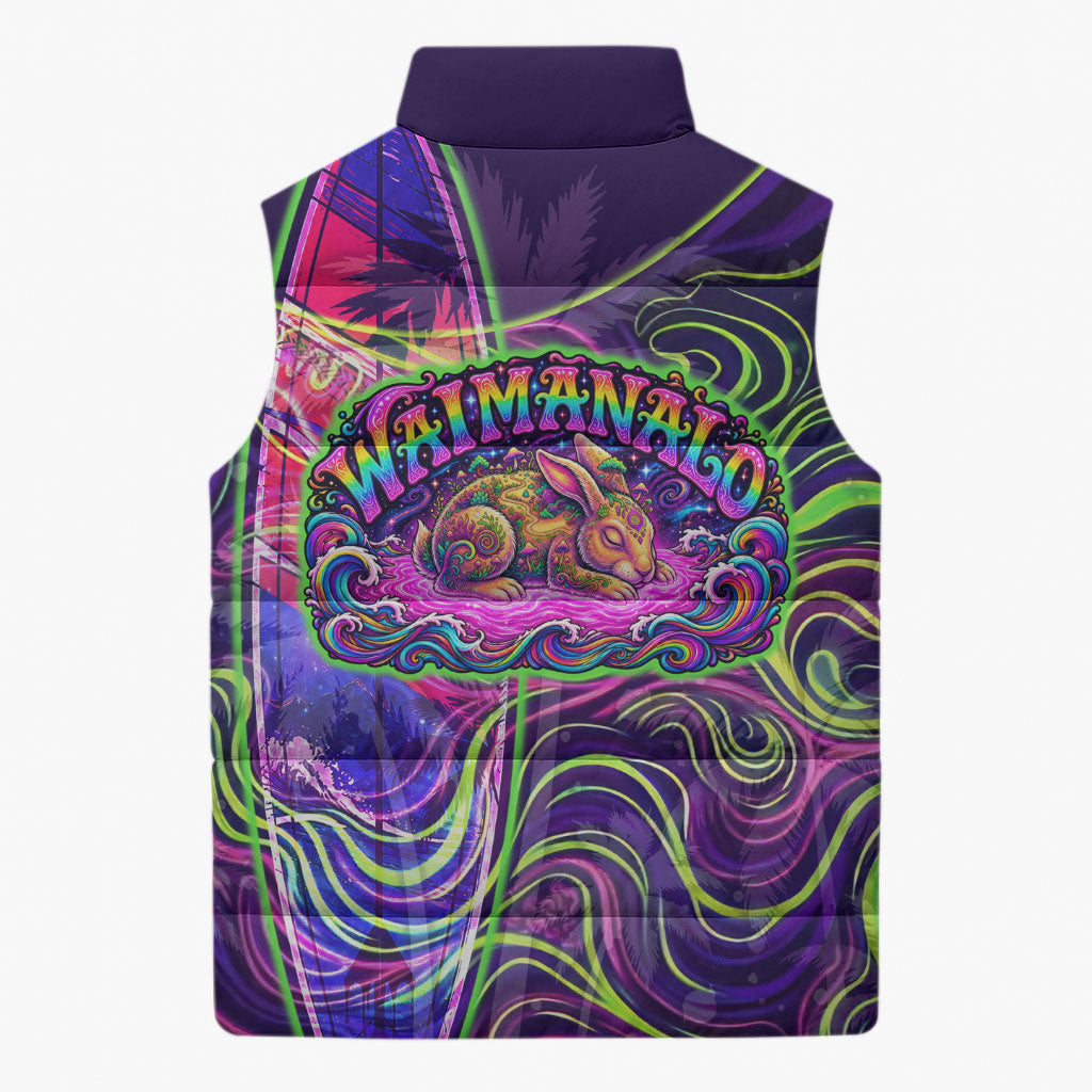 Waimanalo Hawaii Sun Rabbit Sleeveless Puffer Jacket Psychedelic Trippy Neon Swirl Graphic TS04 - Polynesian Pride