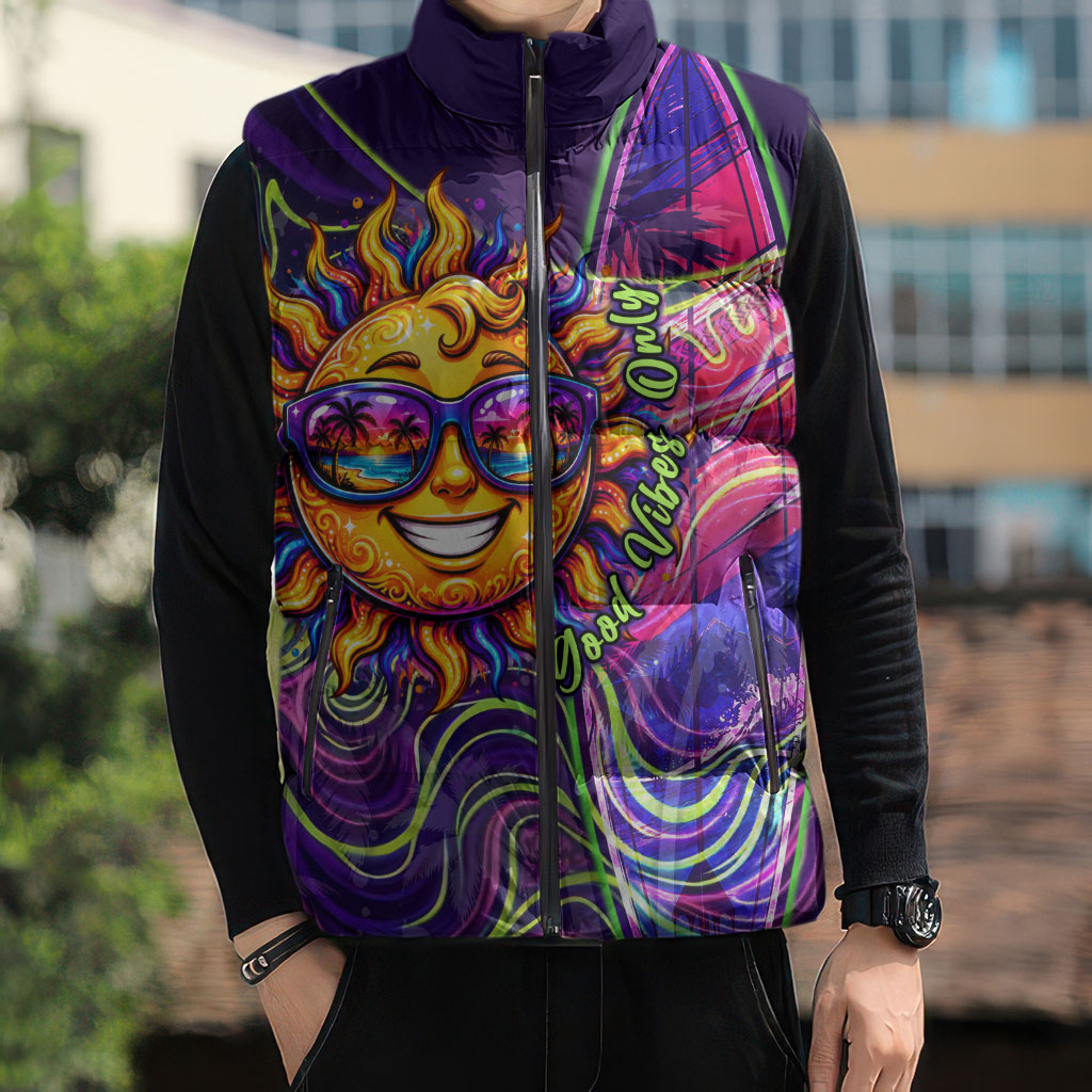 Waimanalo Hawaii Sun Rabbit Sleeveless Puffer Jacket Psychedelic Trippy Neon Swirl Graphic TS04 - Polynesian Pride
