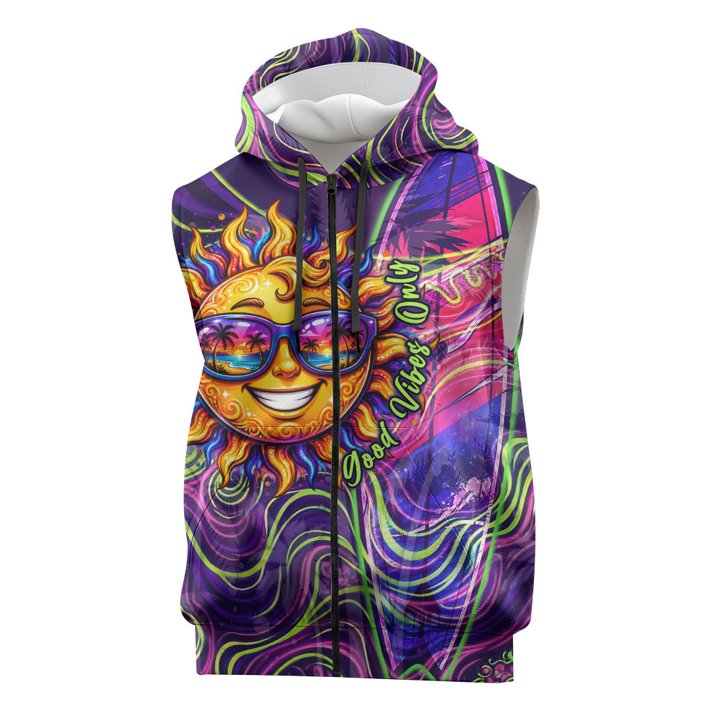 Waimanalo Hawaii Sun Rabbit Sleeveless Zip Hoodie Psychedelic Trippy Neon Swirl Graphic TS04 Purple Green - Polynesian Pride