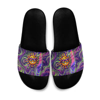 Waimanalo Hawaii Sun Rabbit Slide Sandals Psychedelic Trippy Neon Swirl Graphic TS04 Purple Green - Polynesian Pride
