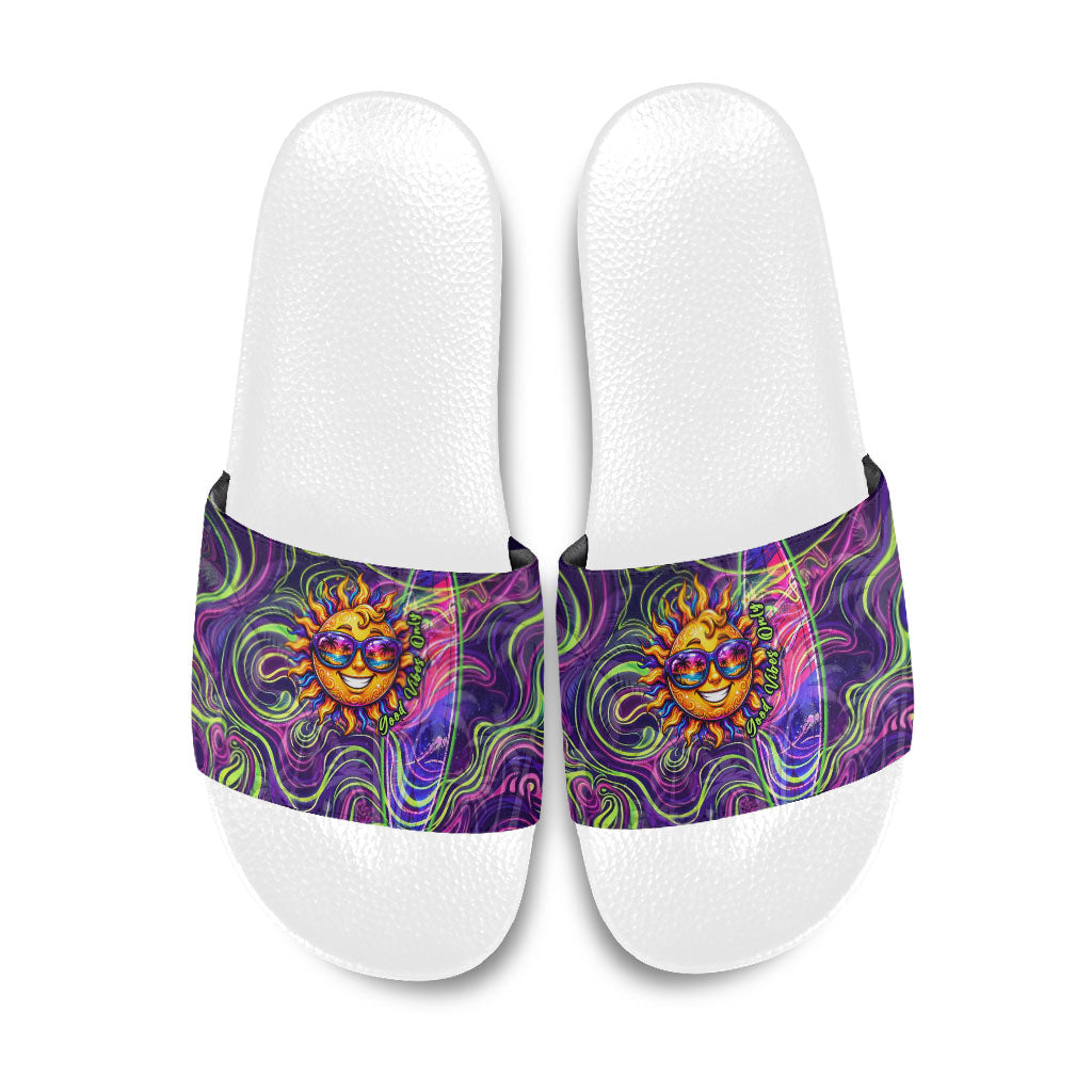 Waimanalo Hawaii Sun Rabbit Slide Sandals Psychedelic Trippy Neon Swirl Graphic TS04 Purple Green - Polynesian Pride