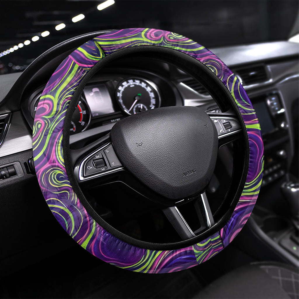 Waimanalo Hawaii Sun Rabbit Steering Wheel Cover Psychedelic Trippy Neon Swirl Graphic TS04 Universal Fit Purple Green - Polynesian Pride