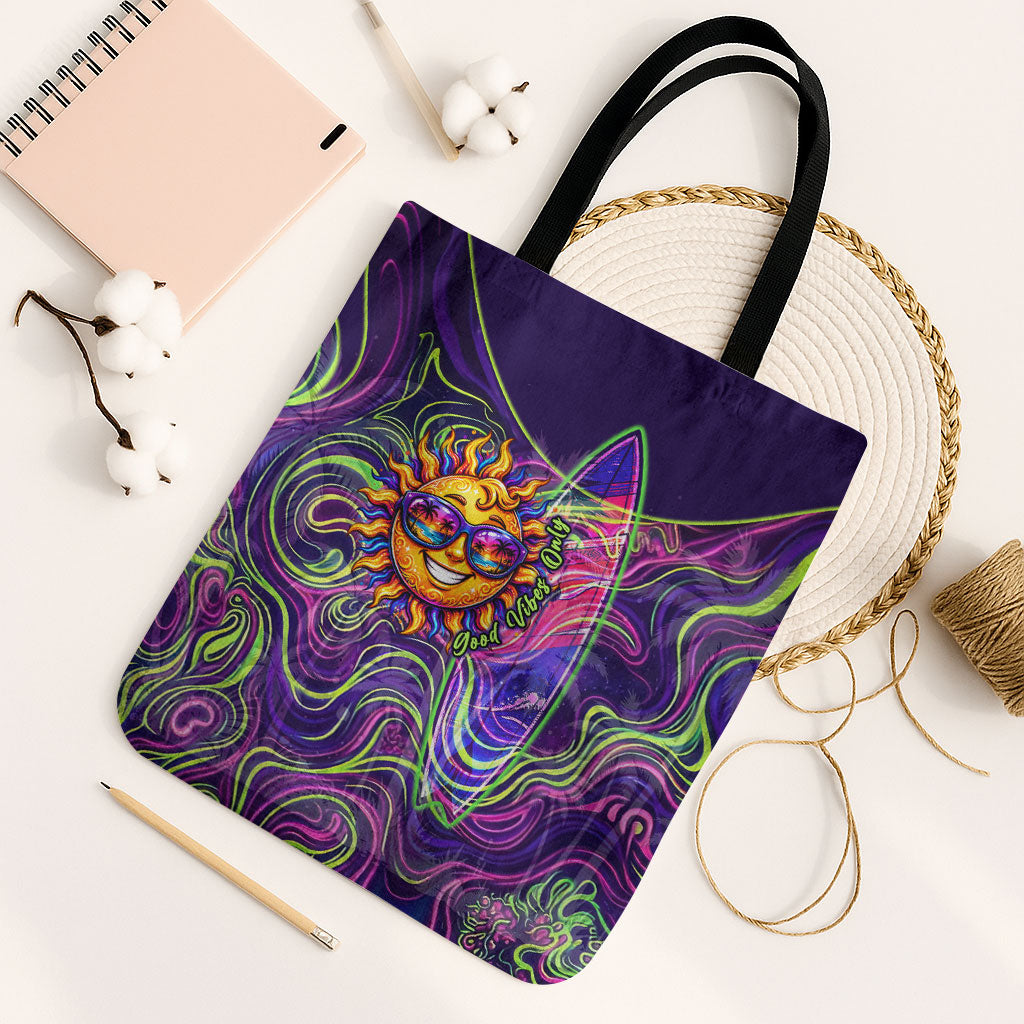 Waimanalo Hawaii Sun Rabbit Tote Bag Psychedelic Trippy Neon Swirl Graphic TS04 Black Strap One Size Purple Green - Polynesian Pride