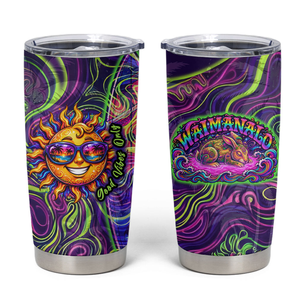 Waimanalo Hawaii Sun Rabbit Tumbler Cup Psychedelic Trippy Neon Swirl Graphic TS04 Purple Green - Polynesian Pride