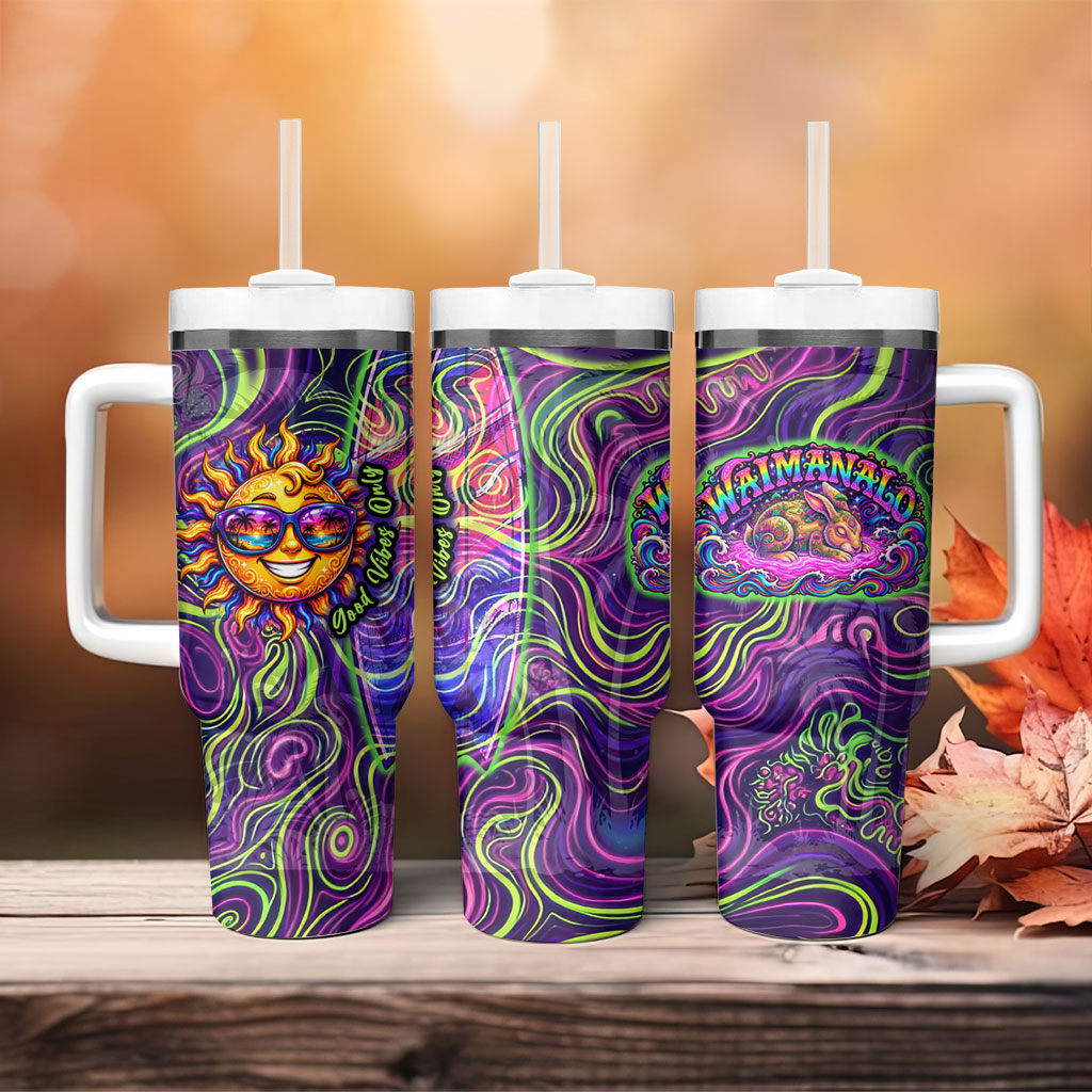 Waimanalo Hawaii Sun Rabbit Tumbler With Handle Psychedelic Trippy Neon Swirl Graphic TS04 - Polynesian Pride