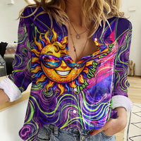 Waimanalo Hawaii Sun Rabbit Women Casual Shirt Psychedelic Trippy Neon Swirl Graphic TS04 Female Purple Green - Polynesian Pride