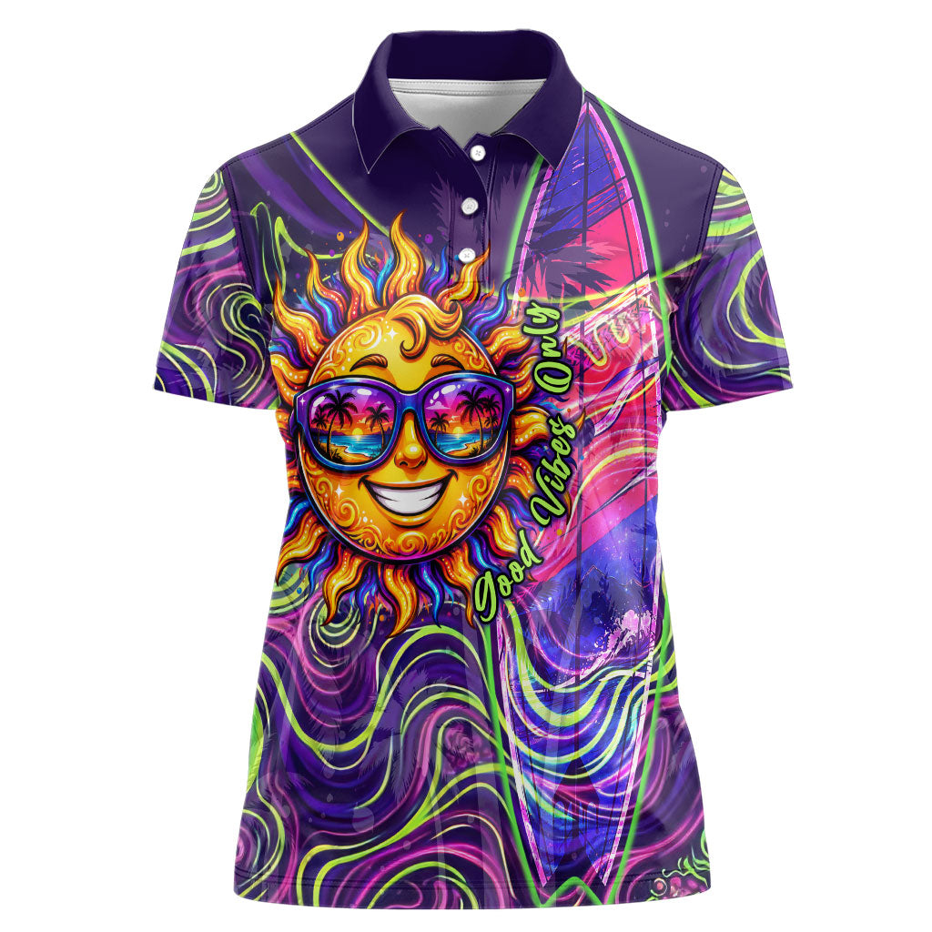 Waimanalo Hawaii Sun Rabbit Women Polo Shirt Psychedelic Trippy Neon Swirl Graphic TS04 Female Purple Green - Polynesian Pride