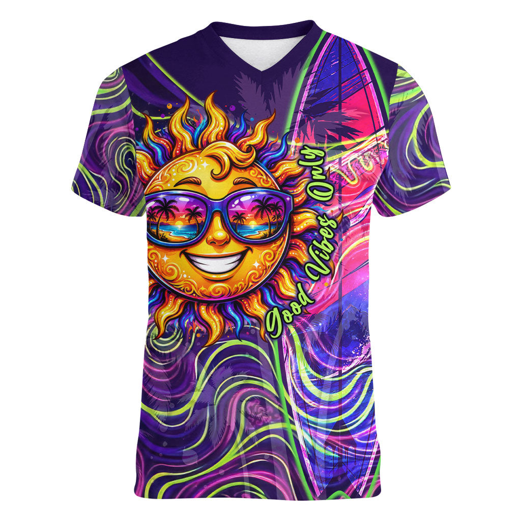 Waimanalo Hawaii Sun Rabbit Women V-Neck T-Shirt Psychedelic Trippy Neon Swirl Graphic TS04 Female Purple Green - Polynesian Pride