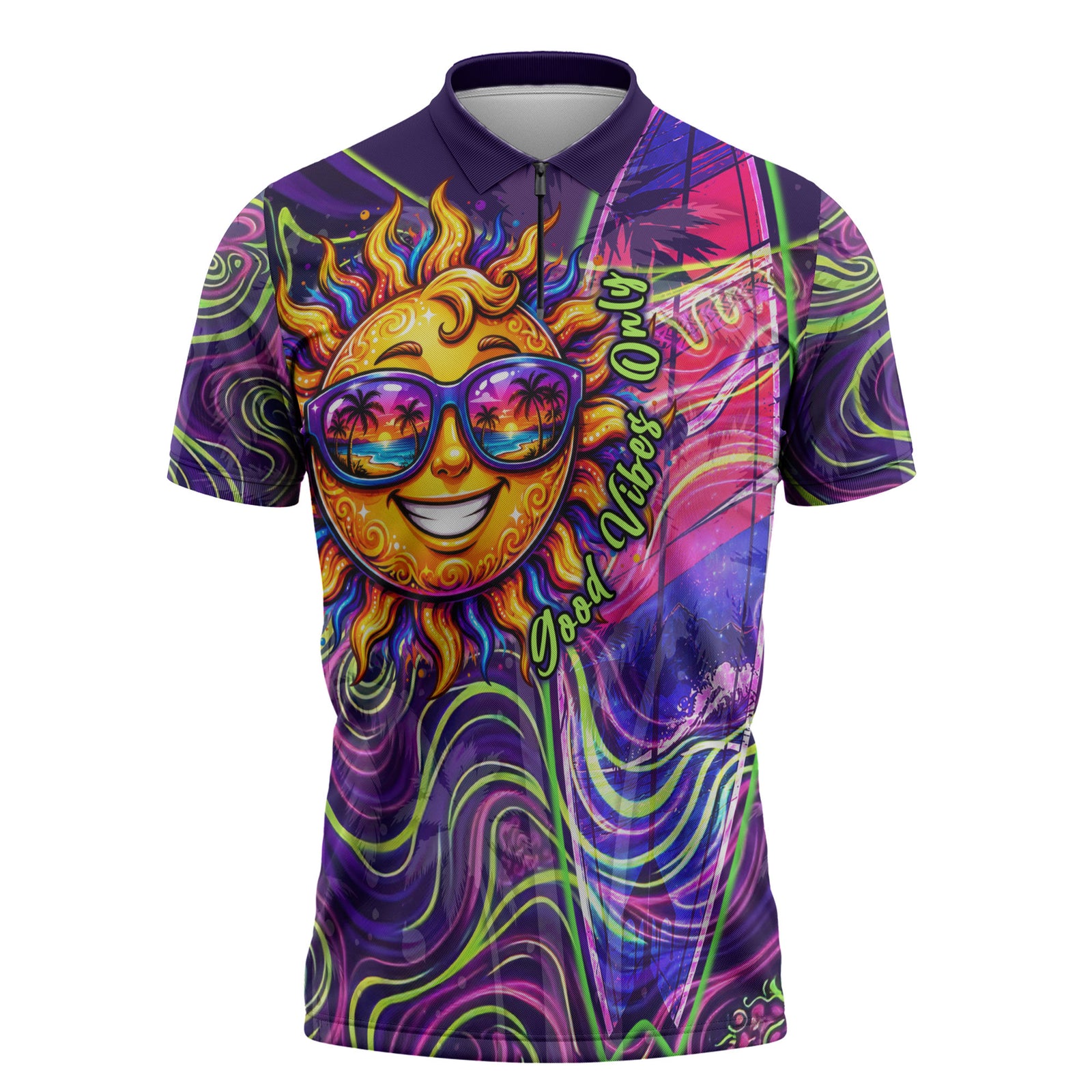 Waimanalo Hawaii Sun Rabbit Zipper Polo Shirt Psychedelic Trippy Neon Swirl Graphic TS04 Purple Green - Polynesian Pride