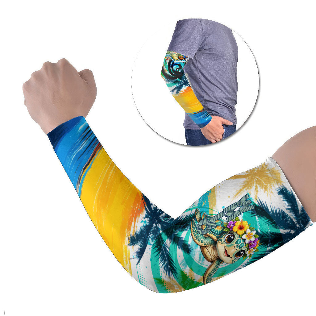 Hawaii Waimanalo Sea Turtle Arm Sleeves Cute Tropical Beach Aloha Spirit Cartoon TS04 Set of 2 Green Blue - Polynesian Pride