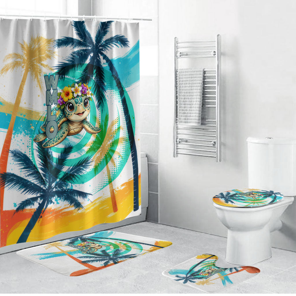 Hawaii Waimanalo Sea Turtle Bathroom Set Cute Tropical Beach Aloha Spirit Cartoon TS04 Bathroom Set (4 pcs) Green Blue - Polynesian Pride