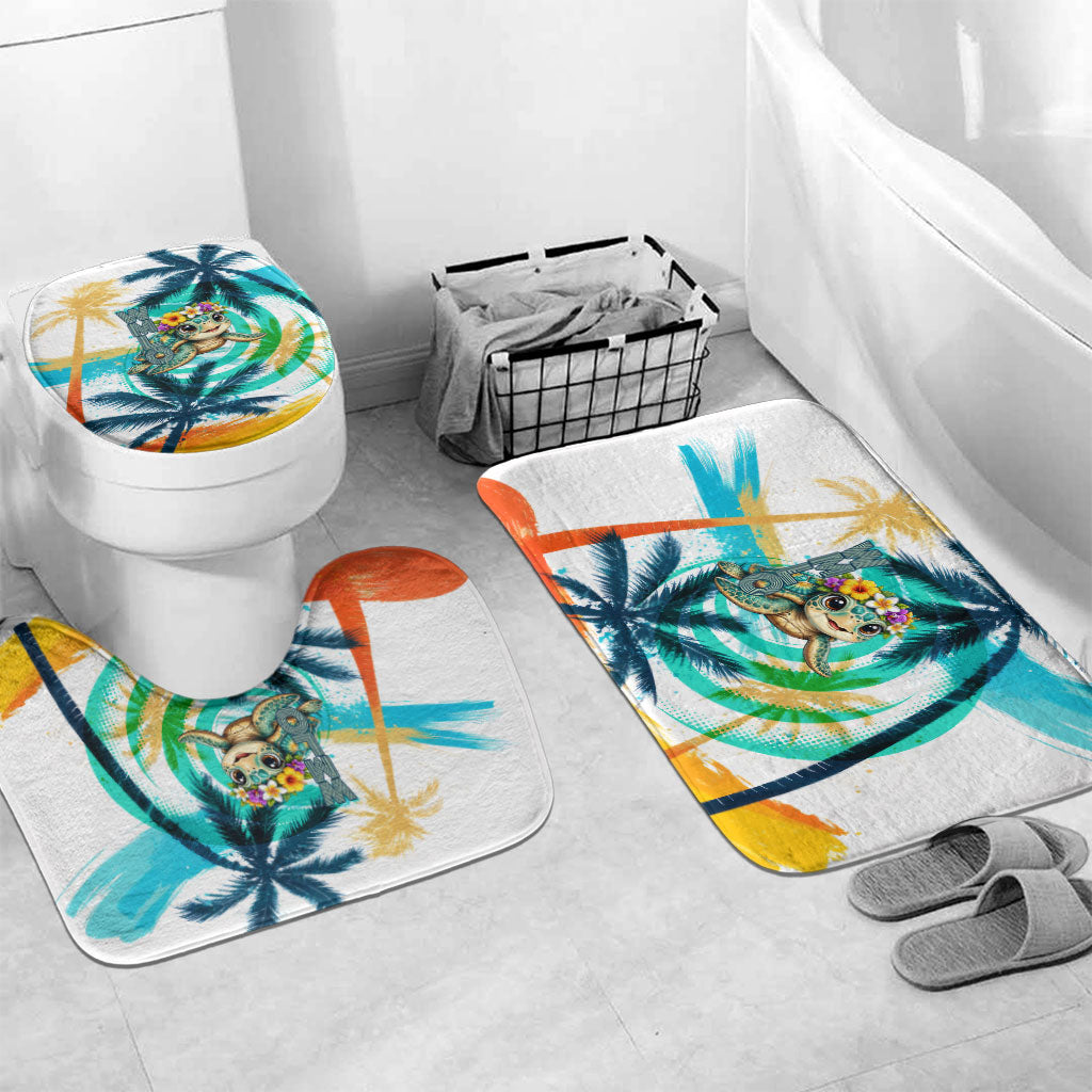 Hawaii Waimanalo Sea Turtle Bathroom Set Cute Tropical Beach Aloha Spirit Cartoon TS04 Mat Set Only (3 pcs) One Size Green Blue - Polynesian Pride