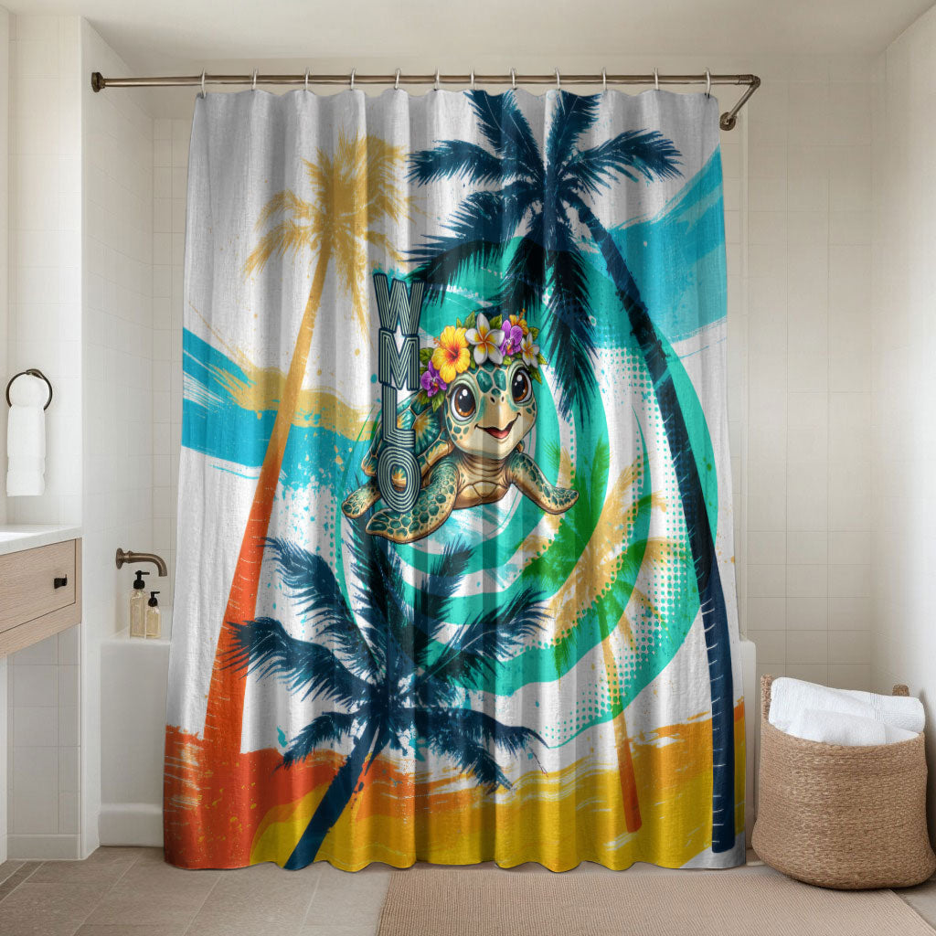 Hawaii Waimanalo Sea Turtle Bathroom Set Cute Tropical Beach Aloha Spirit Cartoon TS04 Shower Curtain Only Green Blue - Polynesian Pride