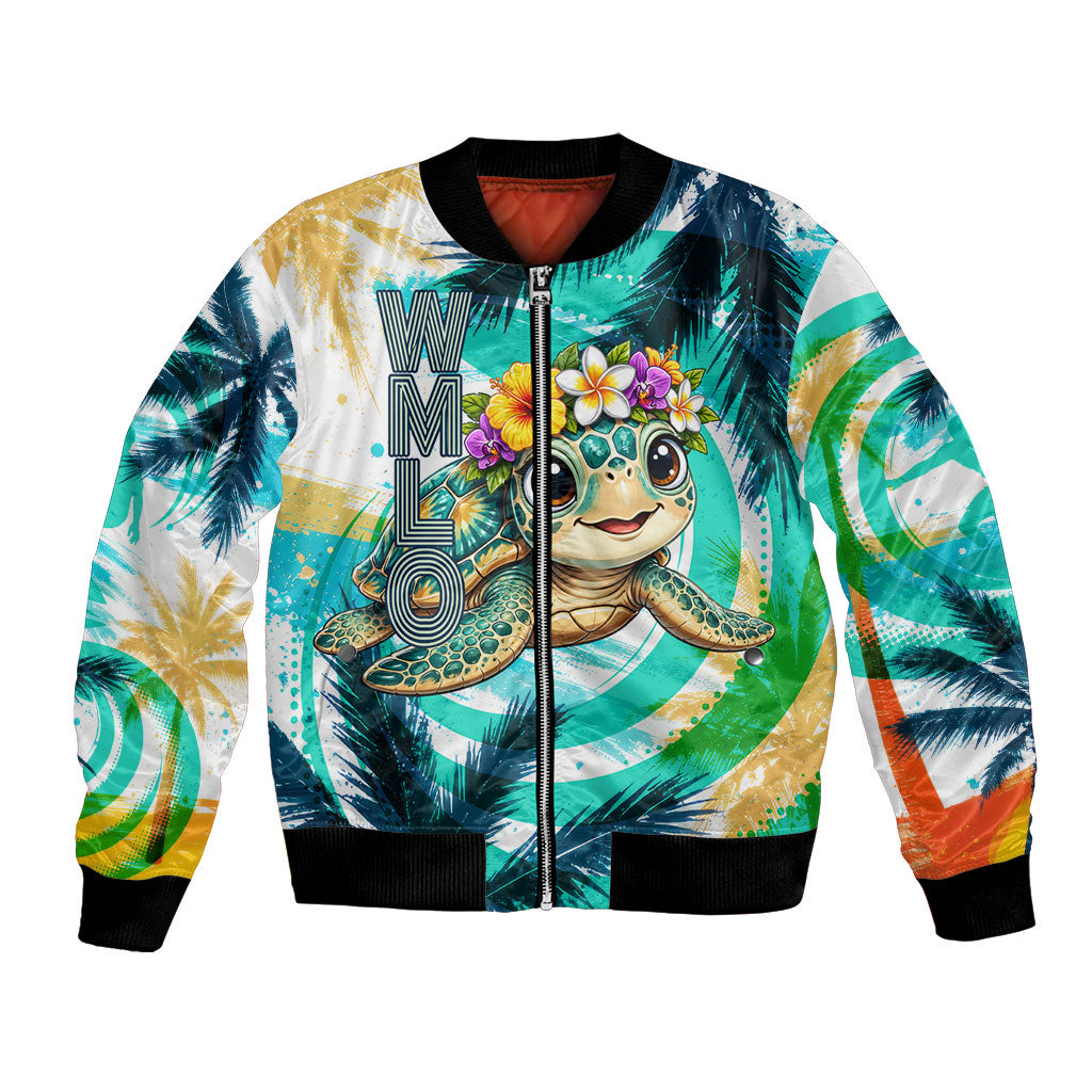 Hawaii Waimanalo Sea Turtle Bomber Jacket Cute Tropical Beach Aloha Spirit Cartoon TS04 Unisex Green Blue - Polynesian Pride