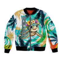 Hawaii Waimanalo Sea Turtle Bomber Jacket Cute Tropical Beach Aloha Spirit Cartoon TS04 Unisex Green Blue - Polynesian Pride