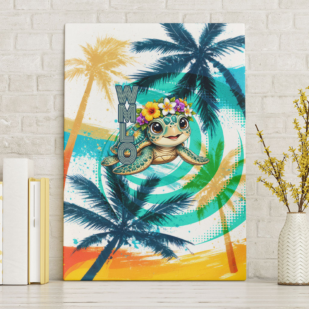 Hawaii Waimanalo Sea Turtle Canvas Wall Art Cute Tropical Beach Aloha Spirit Cartoon TS04 Without Frame Green Blue - Polynesian Pride