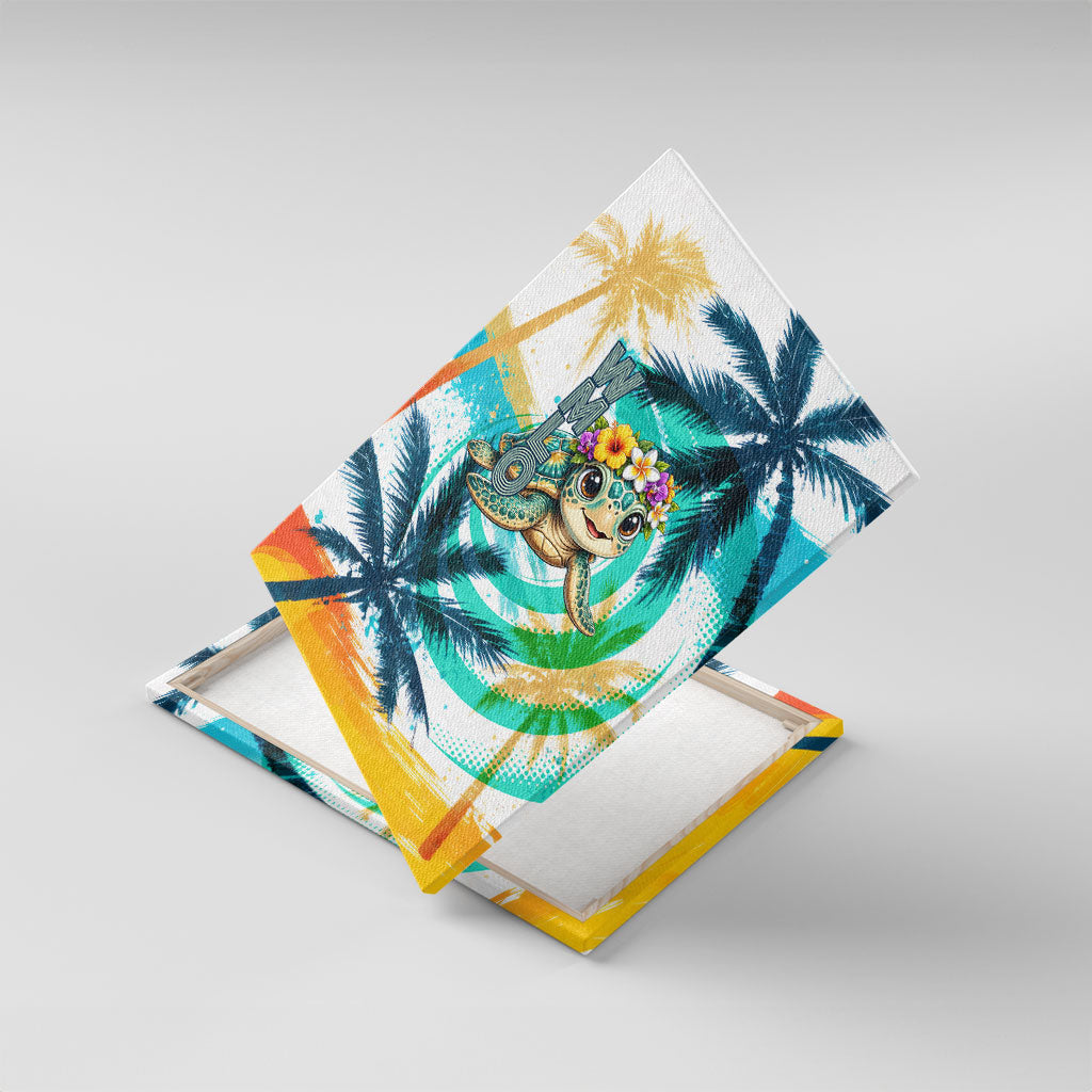 Hawaii Waimanalo Sea Turtle Canvas Wall Art Cute Tropical Beach Aloha Spirit Cartoon TS04 With Frame Green Blue - Polynesian Pride