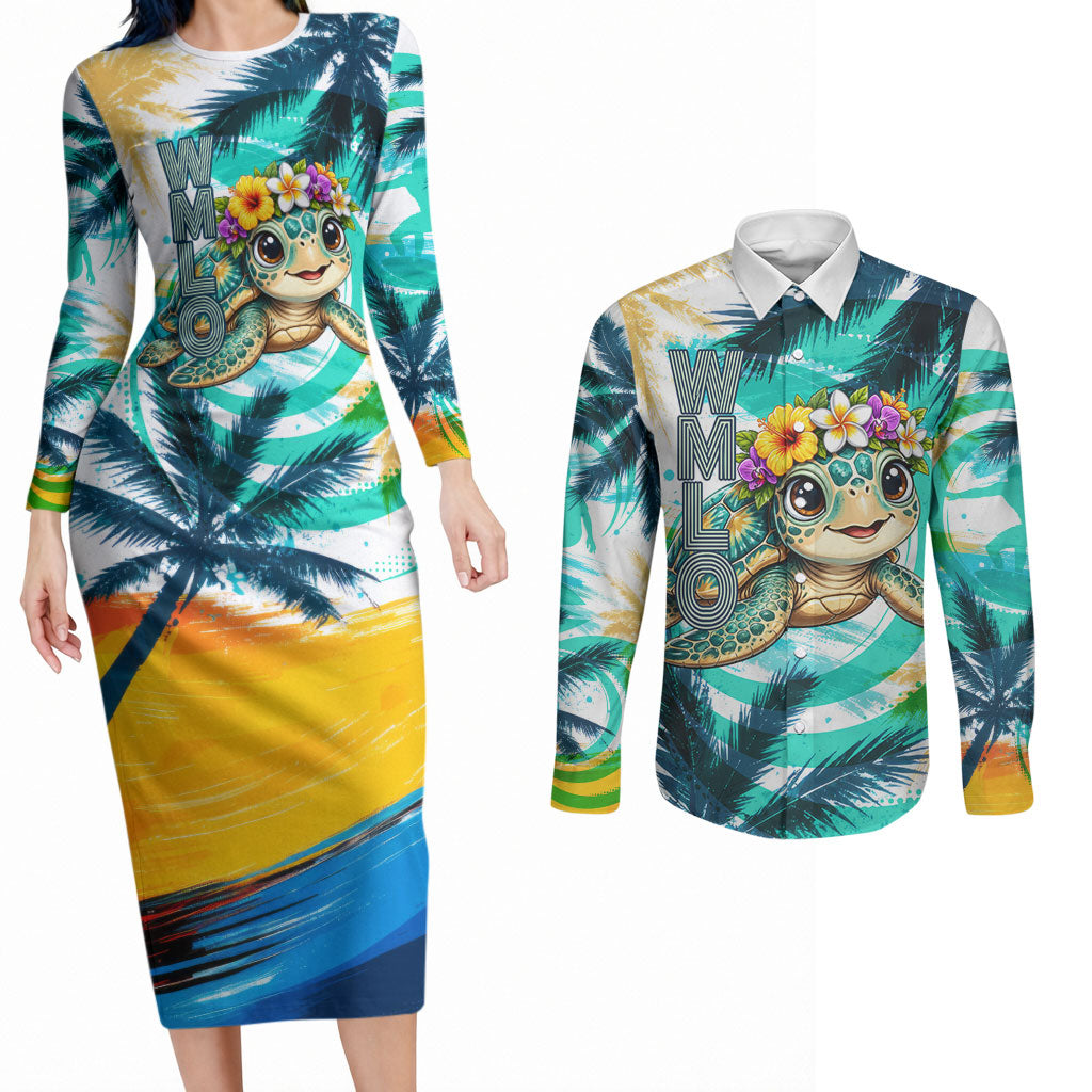 Hawaii Waimanalo Sea Turtle Couples Matching Long Sleeve Bodycon Dress and Long Sleeve Button Shirt Cute Tropical Beach Aloha Spirit Cartoon TS04 Green Blue - Polynesian Pride
