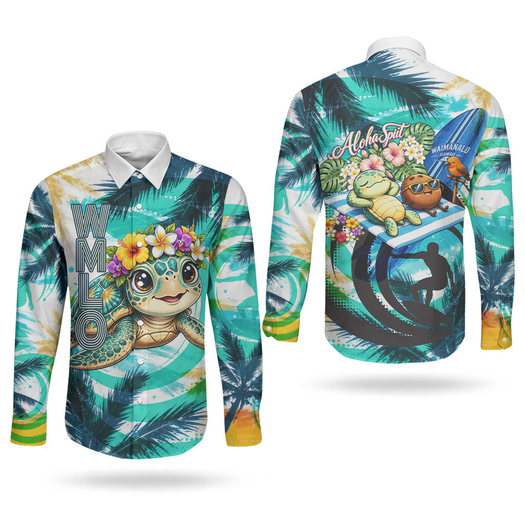 Hawaii Waimanalo Sea Turtle Couples Matching Long Sleeve Bodycon Dress and Long Sleeve Button Shirt Cute Tropical Beach Aloha Spirit Cartoon TS04 - Polynesian Pride